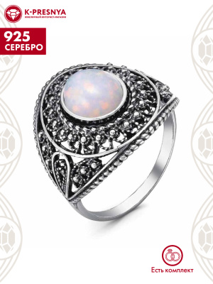Кольцо серебро 925 пробы, покрытие - оксидирование, вставка - опал белый синтетический