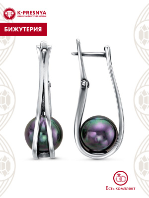 Серьги бижутерия, покрытие - серебрение с оксидированием, вставка - имитация жемчуга