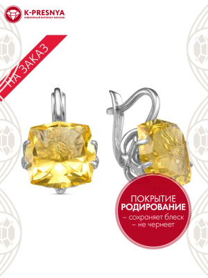 Серьги серебро 925 пробы, покрытие - родирование, вставка - искусственный золотистый топаз