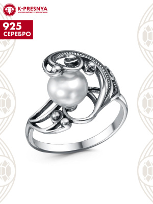 Кольцо серебро 925 пробы, покрытие - оксидирование, вставка - культивированный жемчуг